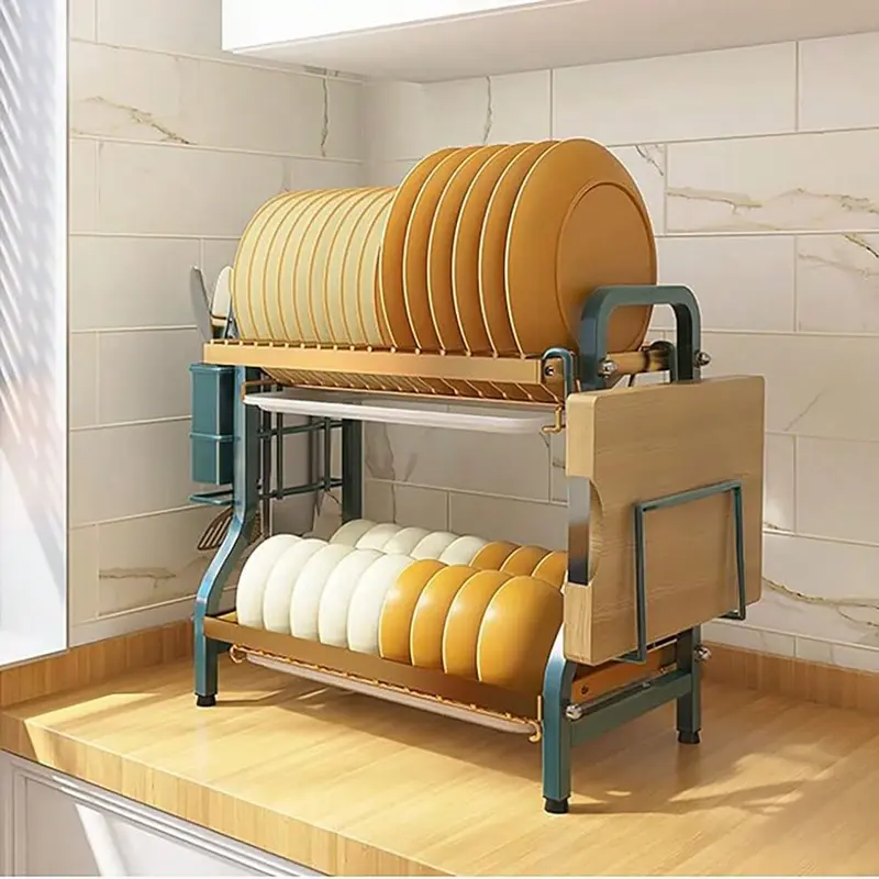Product Introduction of MILAN GOLD  2 Tier Dish Drainer Rack,Stainless Steel Dish Drying Rack,Kitchen Organizer Storage Shelf With Drainboard,Cutlery Holder,Cutting Board Holder,Knife Cup Utensil Holder 1
