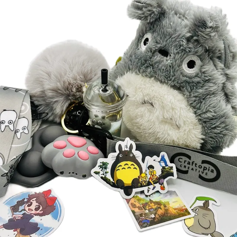 Craftopia Creative Anime Sensory Keychain Set with Totoro Plushie Fidget Pouch Purse LED Paw Clicker Popit Lanyard & Custom Wristlet Gift Set 1
