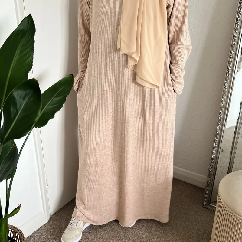 Oatmeal Ribbed Abaya with Pockets and Matching Chiffon hijab winter abaya casual abaya work modest fashion plain minimalist ramadan 3