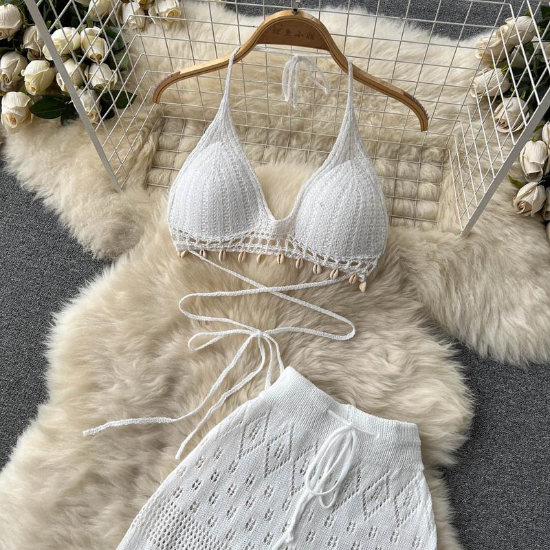 Product Introduction of SINGREINY Women Summer Knitted Set Halter Short Tops+ Hollow Wide Leg Long Pants Sets Shell Beach Sexy Backless Two Piece Suits 26