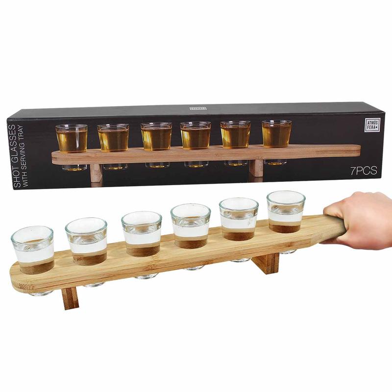 Wooden Drinks Paddle Tray with 6 Shot Glasses, Set of 6 x 40ml Shot Glasses with Serving Tray, Barware, Home Bar, Bar, Shot Glass Serving Board, Drinks Serving Board, Stylish Utensils 0