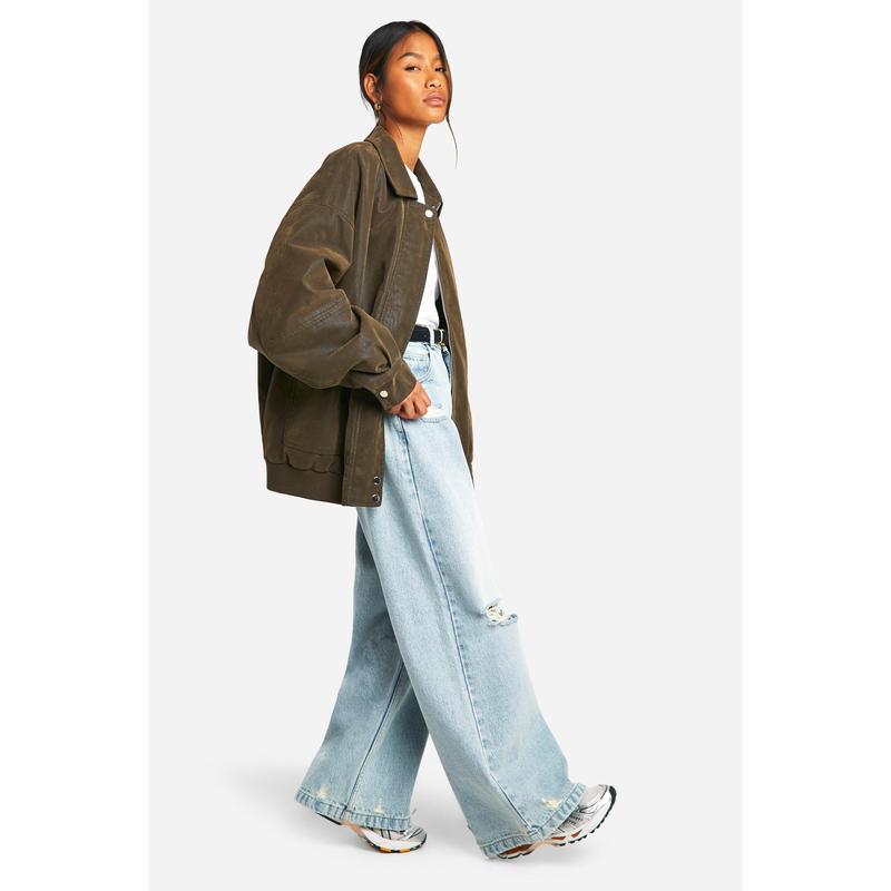 Vintage Look Faux Leather Oversized Bomber Jacket 2