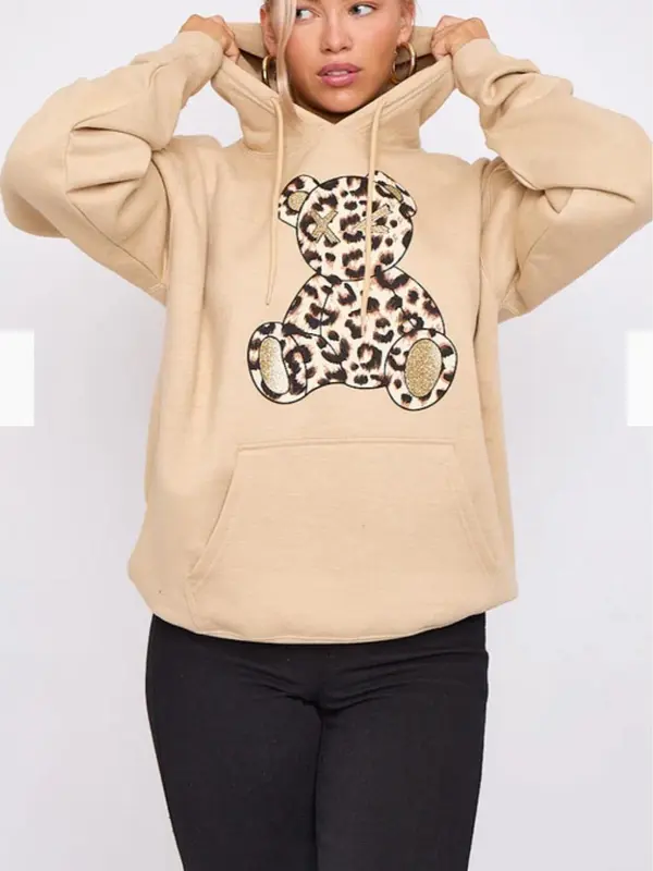 Women's Casual Oversized Leopard Print Teddy Graphic Hoodie Sweatshirt Jumper, Everyday Wear, Casual Wear 4