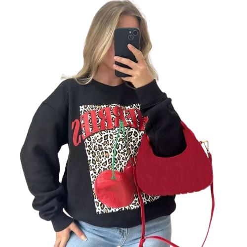 Ladies CHERRIES Slogan Cherry Leopard Print Pullover Baggy Sweatshirt Jumper 8-22 Womenswear Hoodie Sweaters  Women Long Sleeve Crewneck Tops 3