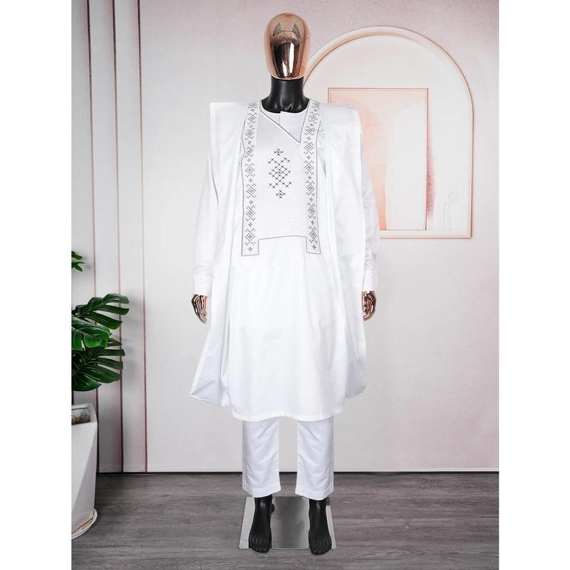 African Agbada (White & Grey) - nigerian traditional outfits Clothing Cotton - Mens Kaftan - African Menswear - African Garment - Long Sleeve Suit 1