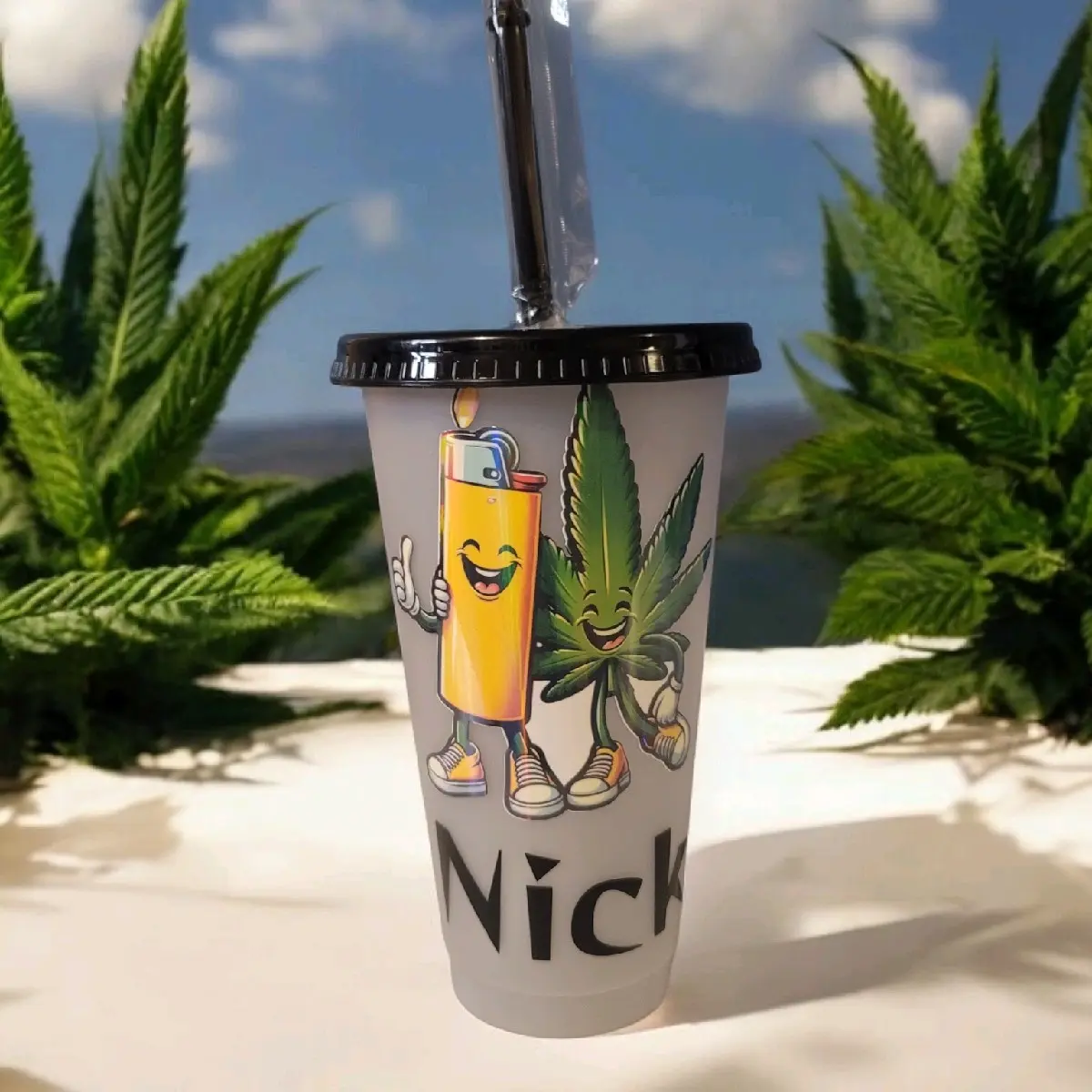Personalised Stoner 24oz Weed Cold Cup with Cannabis Leaf Decals - Drinkware, Mug tumbler straw Bottle Water Bottles Reusable Portable