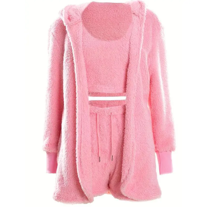 Solid Fuzzy Lounge Set, Long Sleeve Hooded Robe & Tank Top & Elastic Waistband Shorts, Women's Loungewear & Sleepwear