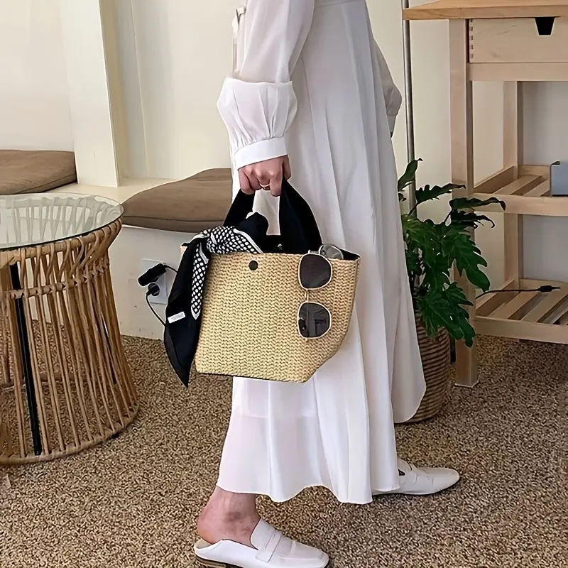 Large Capacity Bohemian Woven Tote Bag for Women - Lightweight Straw Beach & Picnic Handbag with Magnetic Closure, Perfect for Summer, Camping, and Casual Outings - Available in Khaki,, Black, Casual Commuting Bag | Bohemian Style Bag |  Beach Bag 3