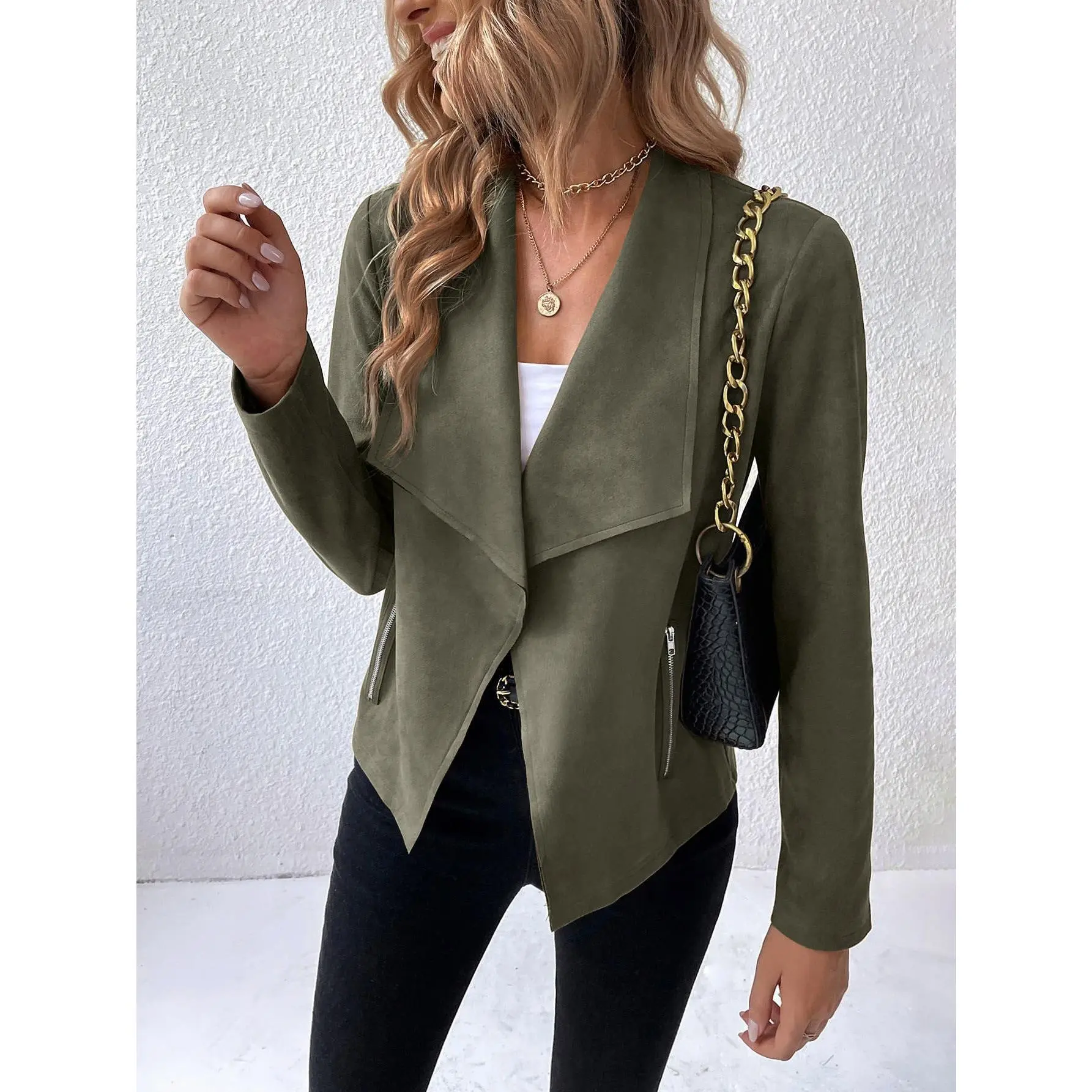 Clasi Waterfall Collar Open Front Faux Suede Jacket,Ladies Spring/Fall Casual Pocket,Zipper Regular Sleeve Waterfall Regular Fit Green Plain Women Jackets,Casual Daily Wear Womenswear Coats Tops Comfort Fabric Outerwear Basic Minimalist