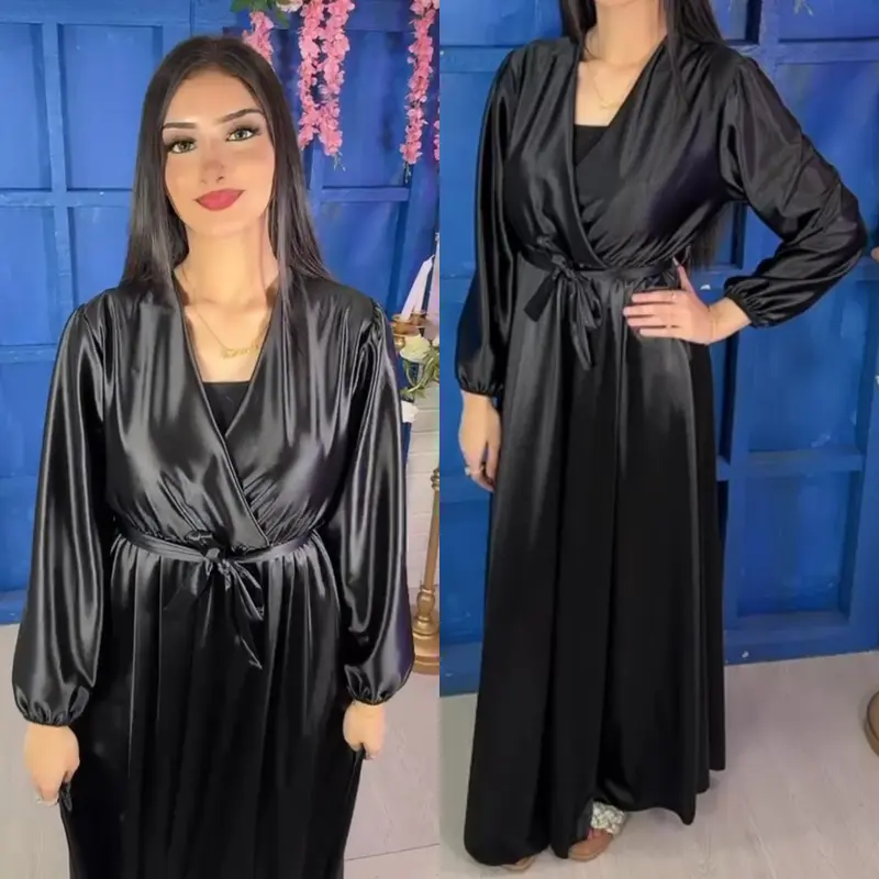 Women's Elegant Satin Dress with Shimmer Effect- Belted, V Neck Maxi, Elasticated Waist and Cuffs - UK Size 8-14 8