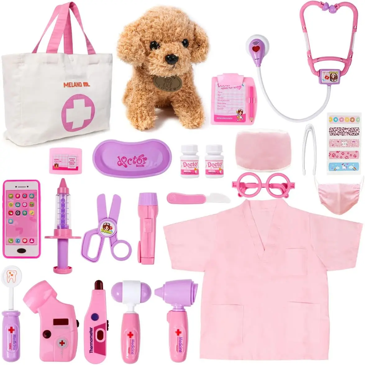 Doctors Set for Kids - Children Pet Vet Care Play Set with Doctor Costume, Plush Dog, Pretend Role Play Medical Kit Toys Gifts for 3 4 5 6 Year Old Toddlers