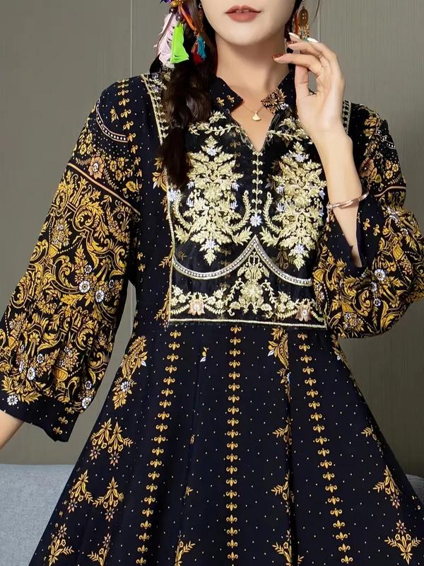 ONE SIZE 3/4 Sleeve Maxi Dress - Elegant Floral V-Neck, Flowy Swing Design - Perfect for Spring Vacations & Summer, Women's Fashion, Pakistani dress, Indian dress, Bangladesh dress, Afghanistan dress, Asian dress, Middle East Dress, Party dress, gift 3