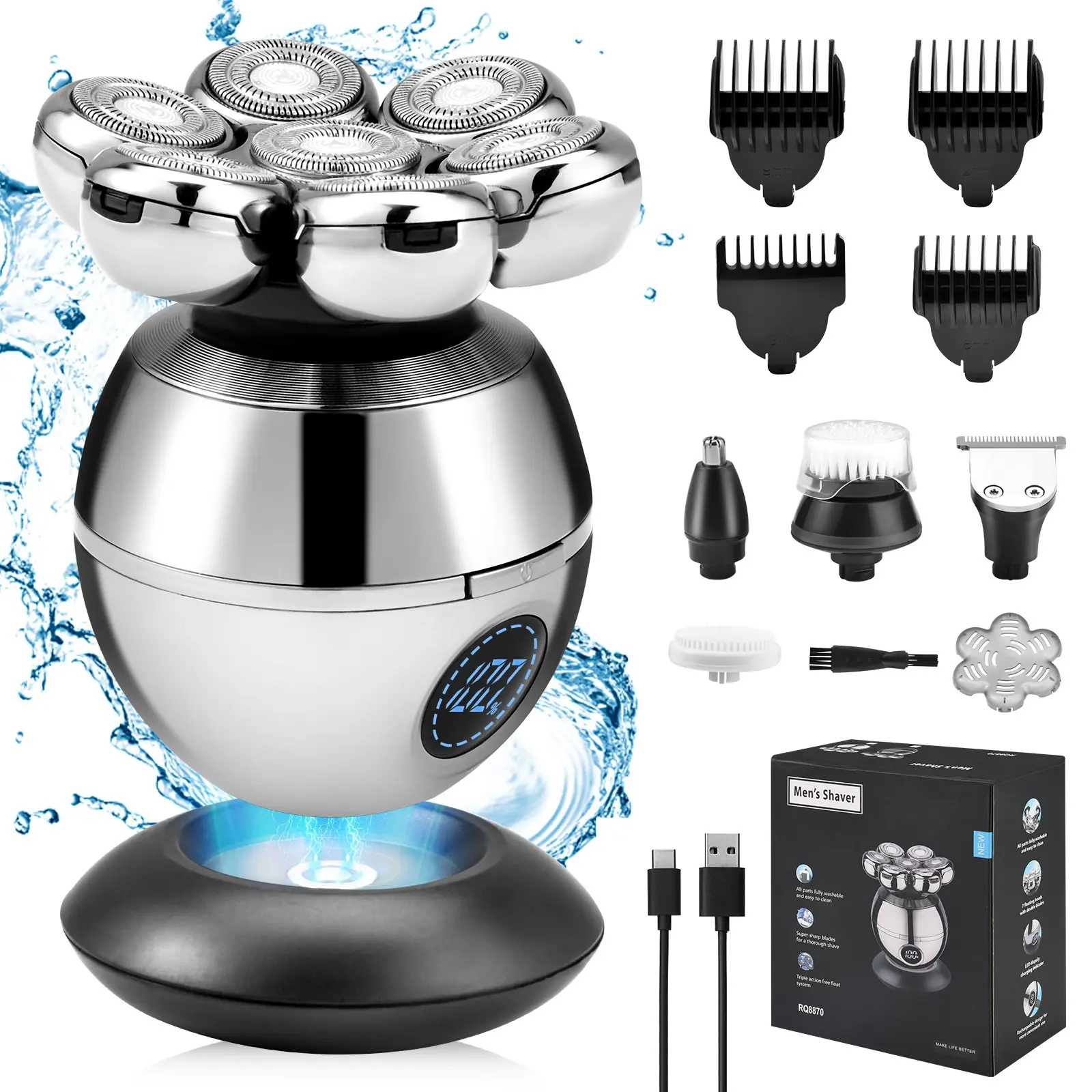 5 in 1 Electric Head Shaver, Rechargeable Grooming Kit for Bald Men, Electric Beard Shaver for Men, Men's Grooming Kit, Great for Men Stylists Barber Barbershop Salon Home Use, Winter & New Year Gift, Stocking Fillers, Christmas Gift