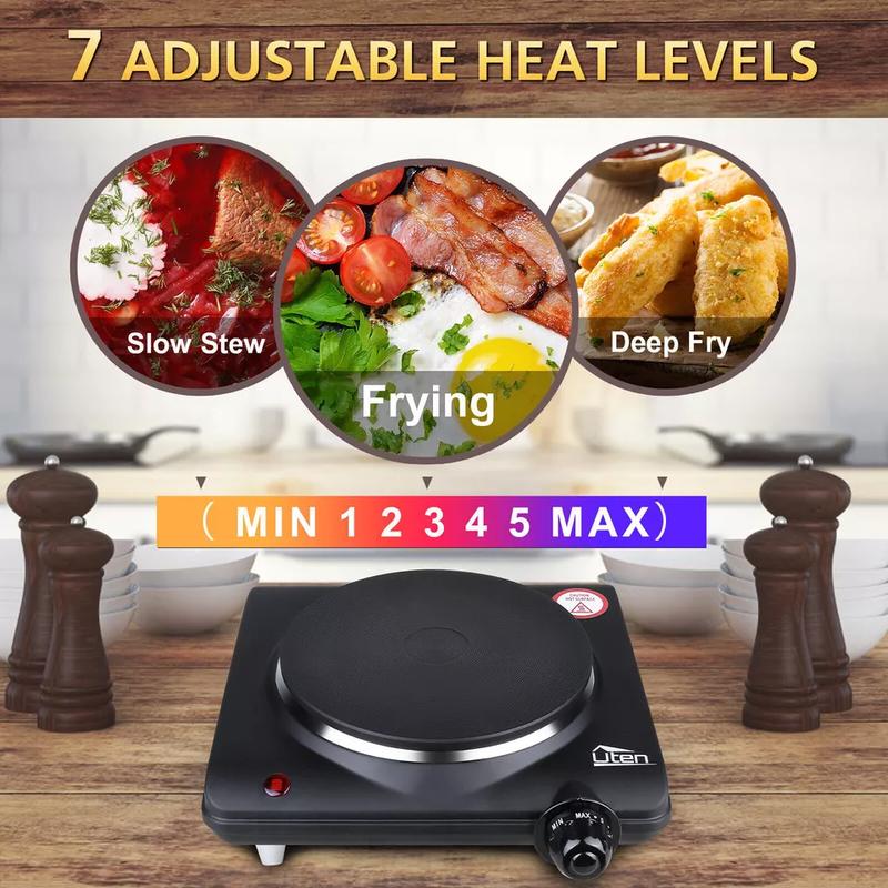 Stainless Steel Single Hotplate, Home Kitchen Electric Hotplate, 1250-1500W , 5 Power Levels Mobile Hotplate for Travel and Camping, Continuously Adjustable Thermostats, Overheating Protection, Cast Iron 4