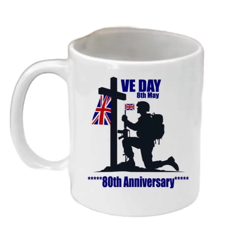 Premium  Grade Orca Coated Mugs  VE Day 80 Years .  Printed Handmade  Ceramic Washable Drinkware Reuse Coffee Reusable
