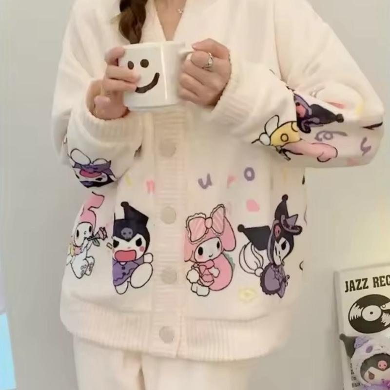 Kulomie Women's Winter Coral Fleece Hello Kitty Cartoon Loungewear Set - Womenswear, Clothing Suits Comfort Pajama Set Long Sleeve Comfortable Nightwear Casual Cute Flannel Style Homewear Pjs Longsleeves 3
