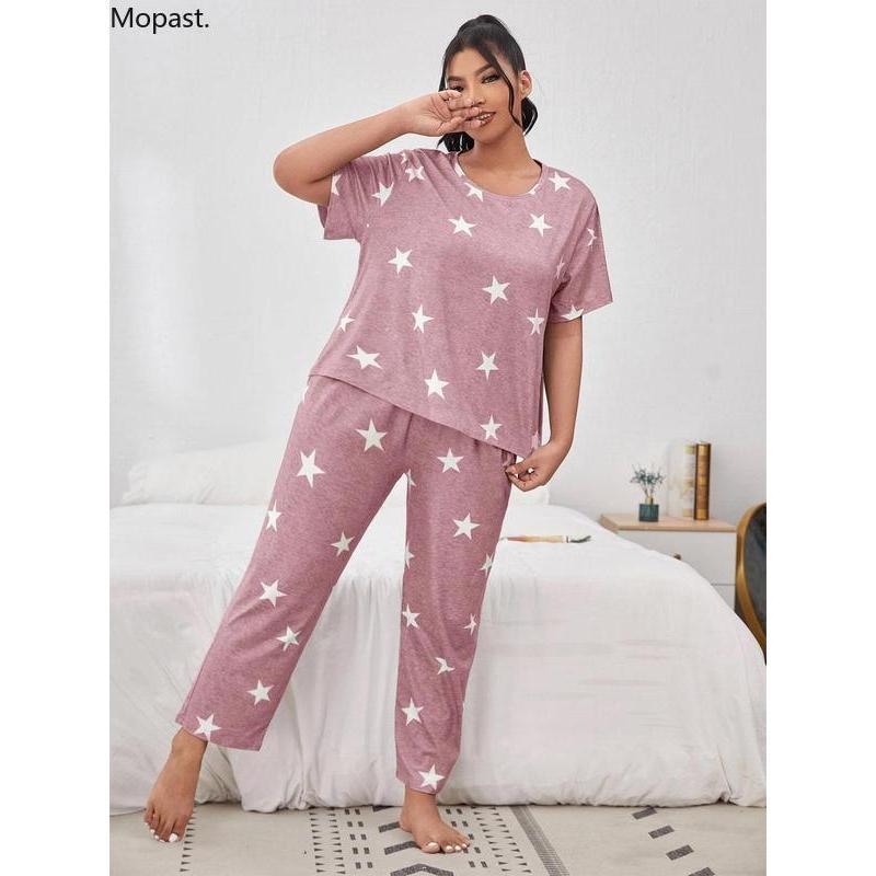 Plus Size Star Print Tee & Elastic Waist Pants Pyjama Set, Casual Comfy Round Neck Short Sleeve T-shirt & Trousers Pj Set, Women's Sleepwear for All Seasons, Wear To Hide Tummy Uk Autumn Wear 2024 Valentine's Day, gift Loungewear Pajamas 1