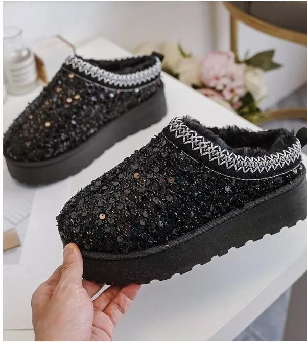 Girls Slip On Warm Faux Fur Lined Shiny Sequin Fashion Kids Aztec Black Ankle Boots Mules Shoes 1