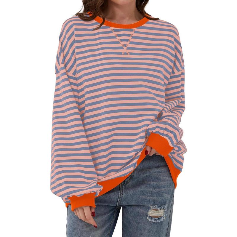 Women's Colorblock Striped Print Contrast Binding Drop Shoulder Sweatshirt, Casual Long Sleeve Round Neck Pullover for Fall & Winter, Ladies Clothes for Daily Wear, Tops for Women Womenswear Hoodie Bridal Comfort Crewneck Baggy Loose 7