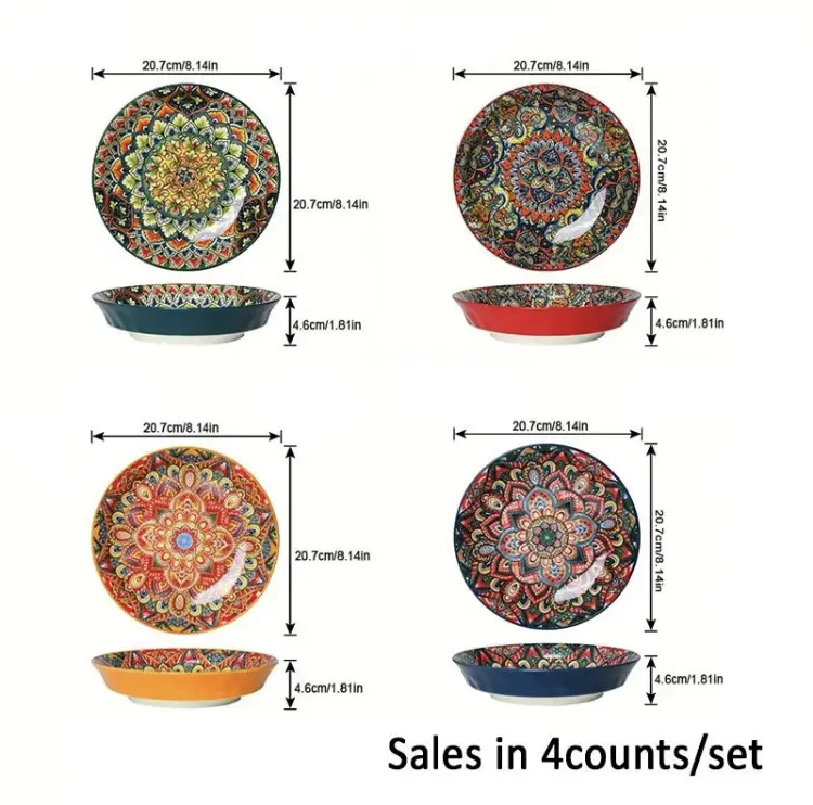 Bohemian Style Ceramic Dinner Plate Set, 4 Counts/set Creative Breakfast Bowl, Large Deep Plate for Home and Restaurant Use Stylish Aesthetic 1