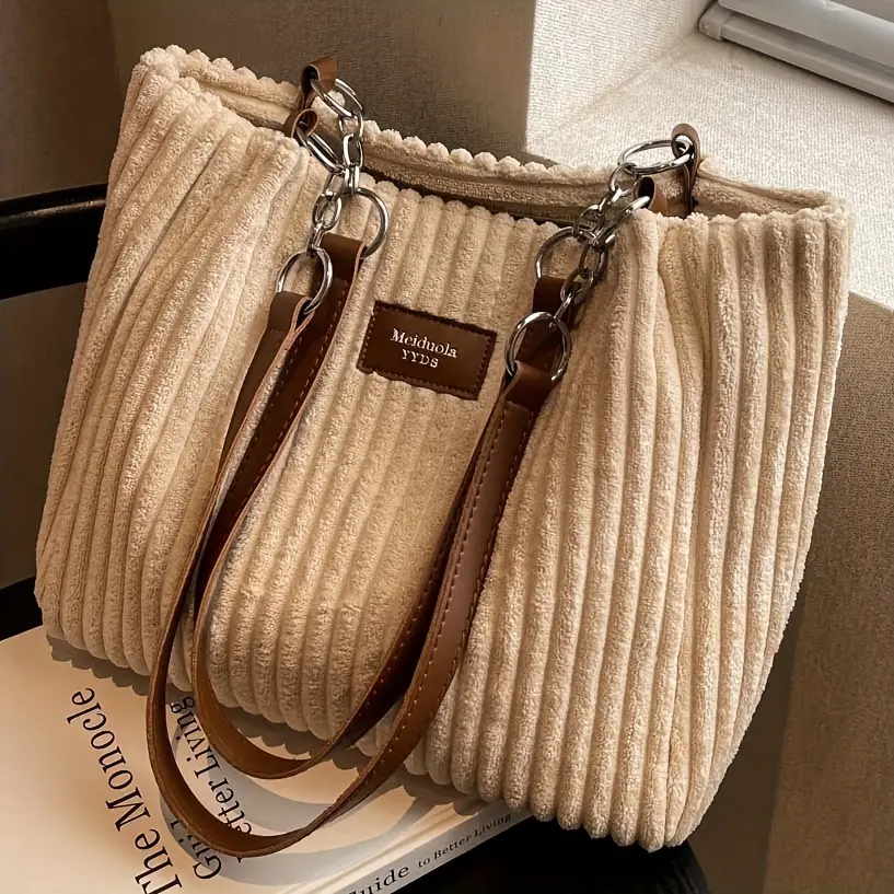 Corduroy Shoulder Bag for Women, Solid Color Corduroy Tote Bag with Fixed Straps, Zipper Closure, Large Capacity, Simple Versatile Design, Casual Sexy Television Show Theme - Dry Clean Only, Polyester Lining
