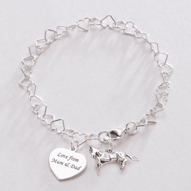 925 Sterling Silver Heart Link Bracelet with Horse Charm and Personalised Engraving on the silver Heart Charm 5