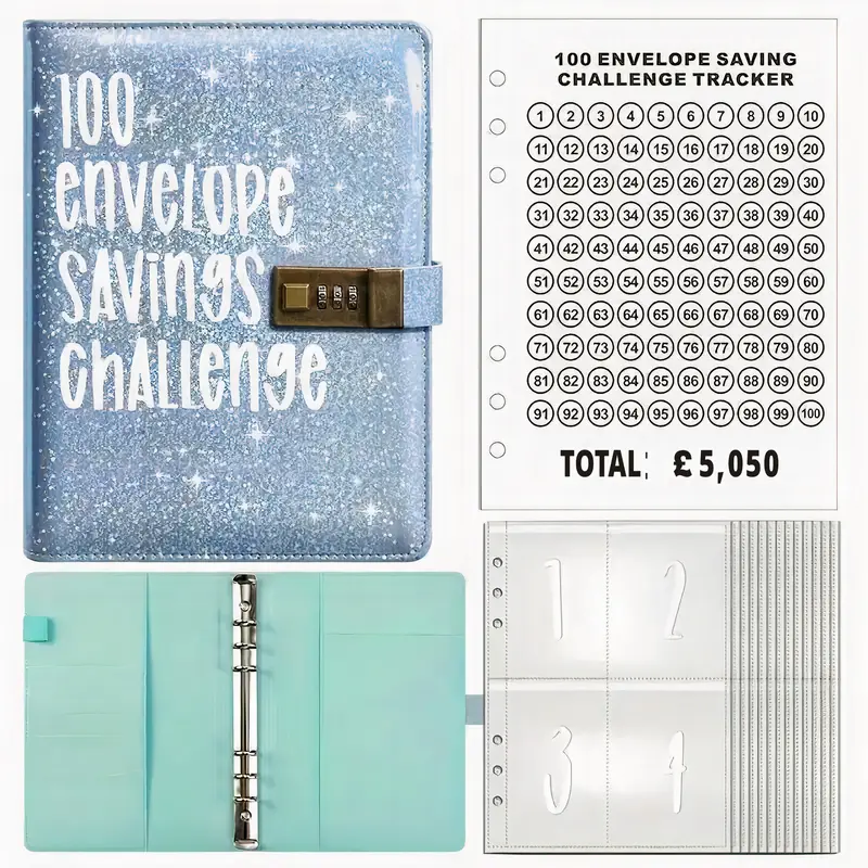 100 Envelope Saving Challenge Binder with Lock,1 Count Budget Planner Notebook, Shinny Money Saving Challenge Book, Secure 3-Digit Lock, Save in Pounds with Cash Tracker, Holiday & Christmas Gift, Teacher Gifts, UK Savings Book, New Year Gift for Saving 6