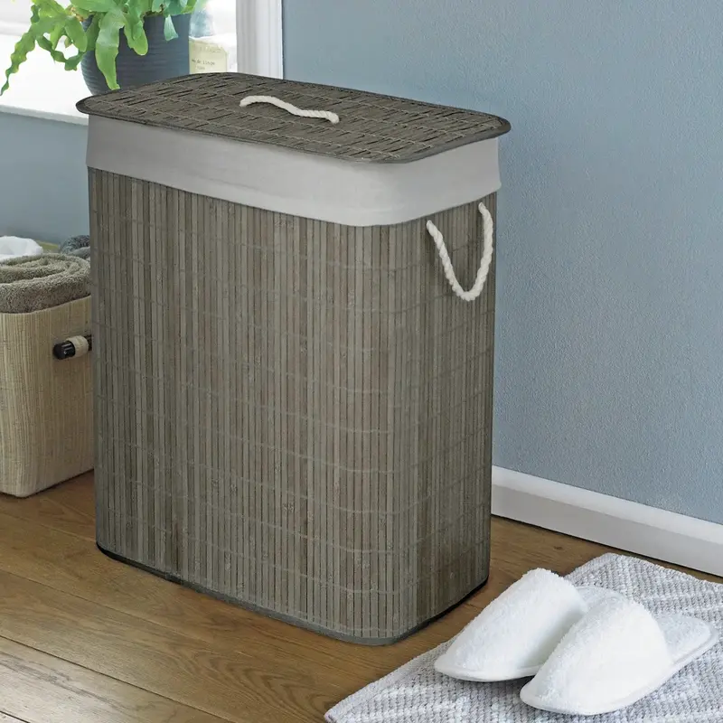 Dual Compartment Natural Bamboo Laundry Basket Eco Friendly Hamper 60cm Light Organiser Rectangle 1