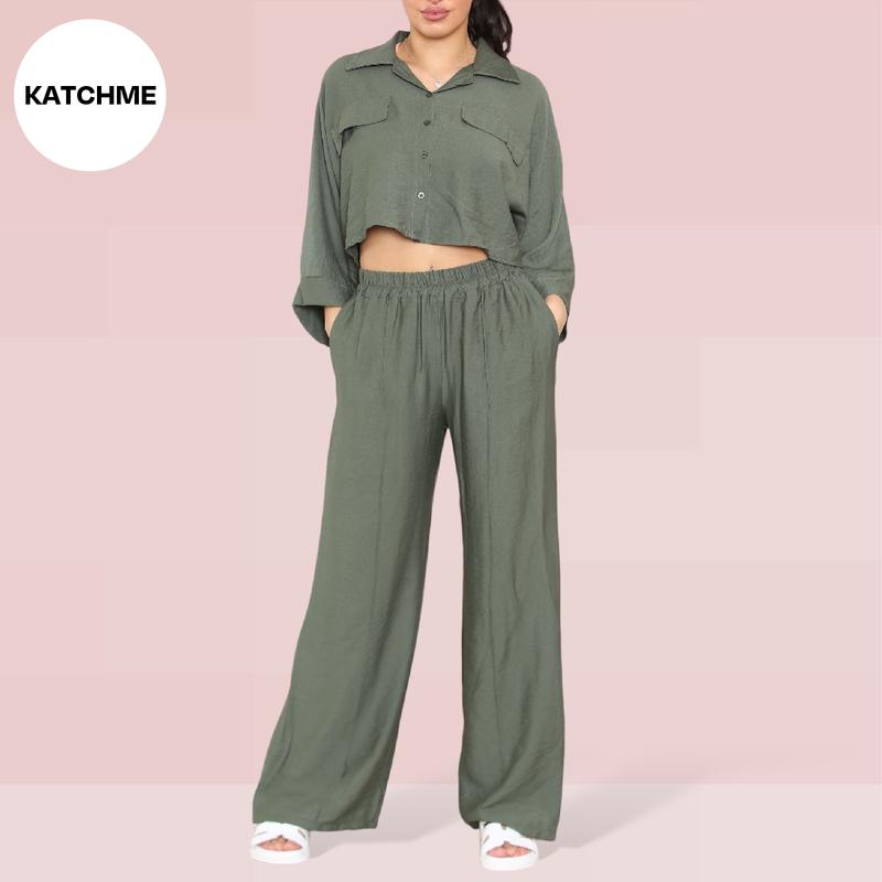 KatchMe Women's Versatile Long Sleeve Button Crop Top & Elastic Waist Pocket Trousers Co-ord,Lady Two-Piece Outfit for Womenswear,Plain Co-ord Set 2