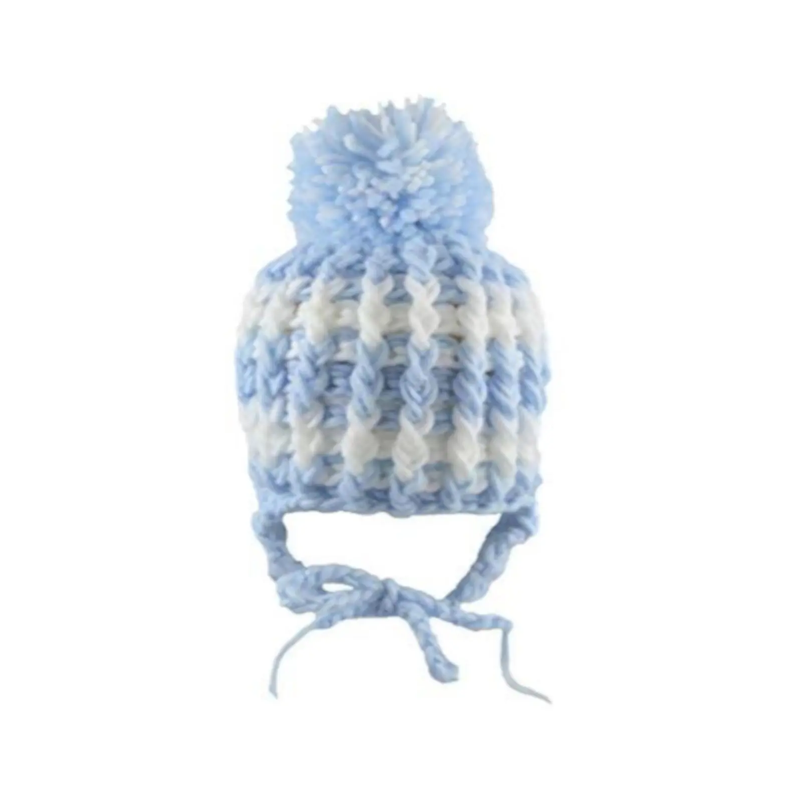 Baby Boys and Girls Knitted Winter Bobble Hat with Pom Pom and Chin Tie, Striped or Plain