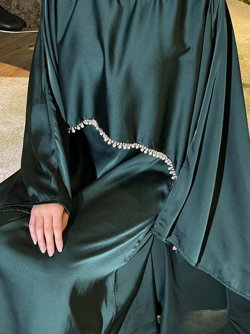 Product Introduction of 2025 Ramadan Promotion Two- piece Satin cape elegant dress , occasion abaya , Modest dress with pearl and crystal 16