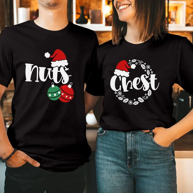 TSHIRT CHEST NUTS Christmas Matching Couple Chestnuts Santa Hat T-Shirt Gildan Heavy Cotton 0