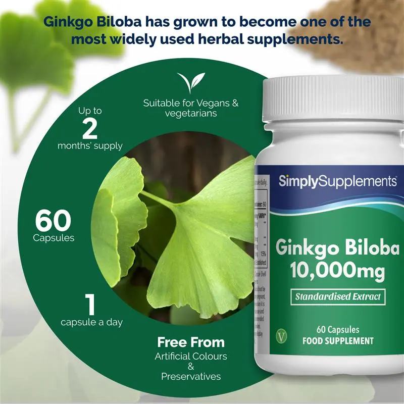 Ginkgo Biloba Capsules 10,000mg by Simply Supplements - super strength herbal support - - with added iron to support cognitive function, mental performance, energy levels and blood flow - dietary supplement 3