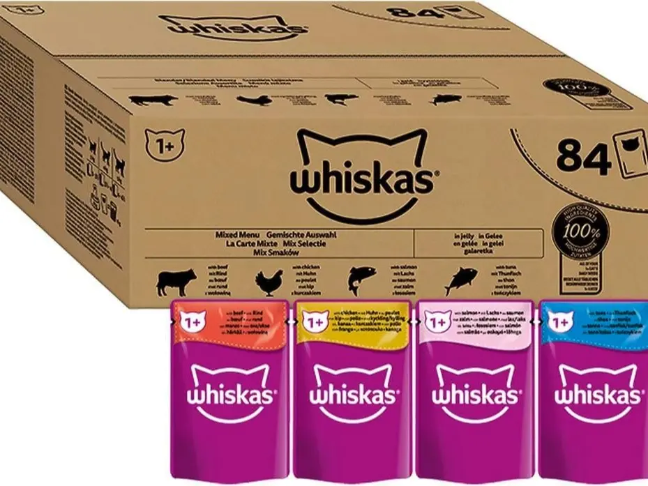 Whiskas 1+ Adult Mixed Selection in Jelly 84 Pouches, Adult Wet Cat Food, Megapack (84 x 85 g)