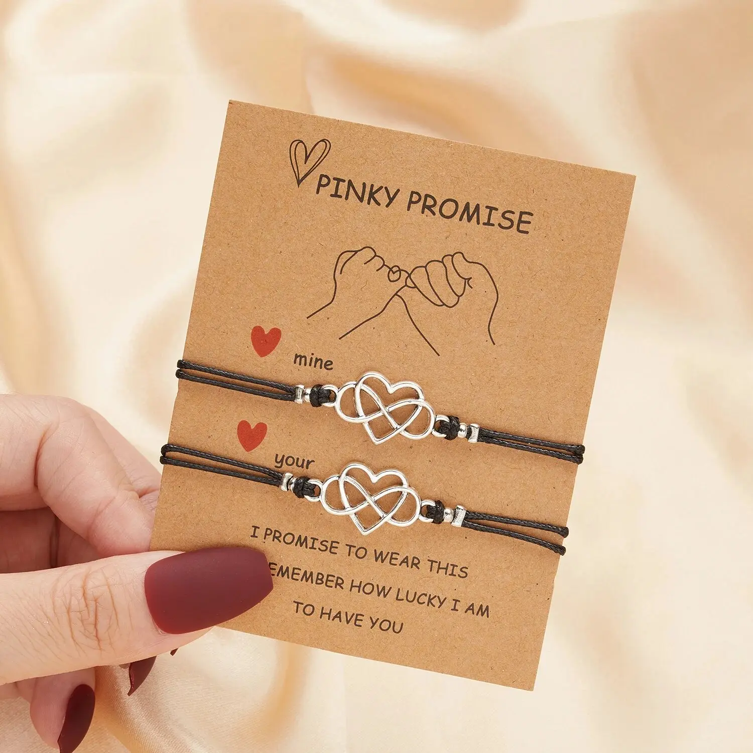 Heart Wish Bracelet Set: 2 Pcs Pinky Promise Bracelets with Heart Charm - Summer Friendship Beach Bracelets for Women and Men, Handcrafted with Wax Cotton Cord