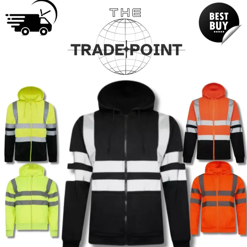 Hi Visibility Zipped Hoodies Reflective Tape Menswear Workwear Long Sleeve Fleece Hoodie Breathable Classic Day Fabric Big Medium Navy Navy Blue Outdoor Pockets