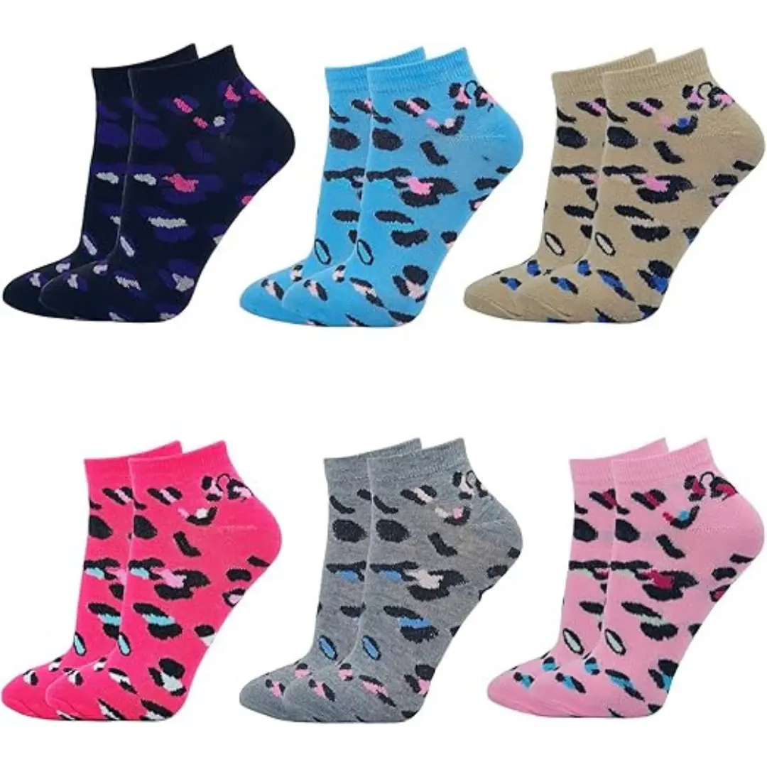 Ladies Trainer Socks 6 Pairs Womens Girls Leopard Design Shoe Liners Adults 4-7 Womenswear