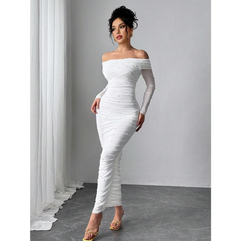 Firerie Women's Elegant White Open Shoulder Pearl Decor Ruched Slim Fit Maxi Dress, Graceful And Romantic For Party, Valentine's Day Fabric Formal 4