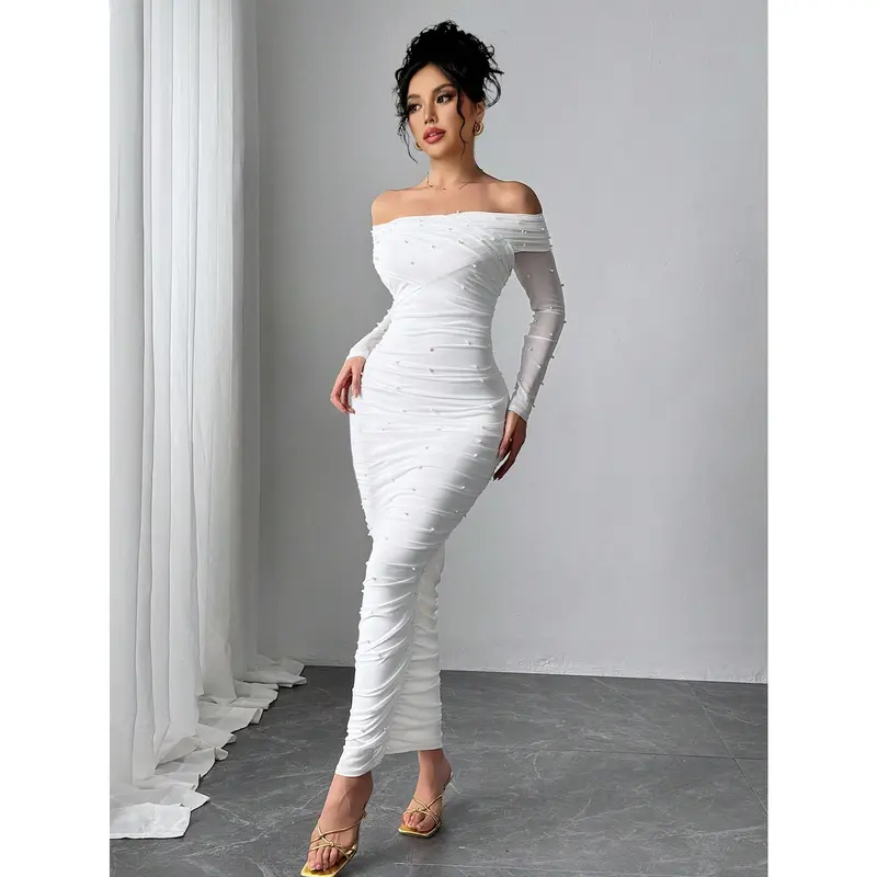 Firerie Women's Elegant White Open Shoulder Pearl Decor Ruched Slim Fit Maxi Dress, Graceful And Romantic For Party, Valentine's Day Fabric Formal 4