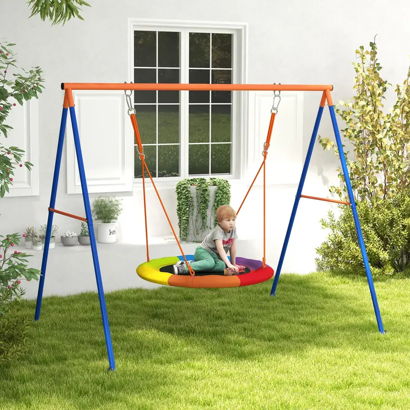 Outsunny Metal Kids Swing Set Nest Swing Seat with A-Frame Structure for Outdoor Use - Multicoloured 1