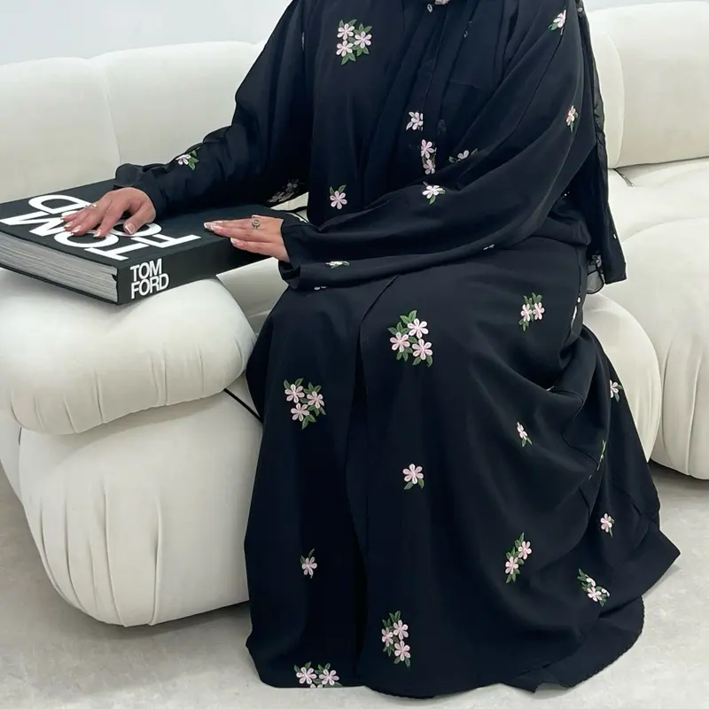 Nida Full Body Embroidery Abaya with Matching Scarf and Belt in Black for Muslim Women
