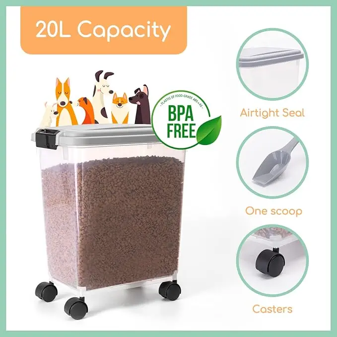 Dog Food Storage, 20L/7.5KG Airtight Pet Food Storage Container with Wheels and Measuring Scoop, Safe & Eco, Flip-Up Lid Dog Cat Animal Dry Food Seed Dispenser Plastic Bin Large Transparent 2