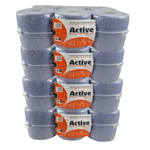 24 Rolls Blue Active Centerfeed 166mm x 300 Sheets Embossed 2 Ply Disposable  Cleaning