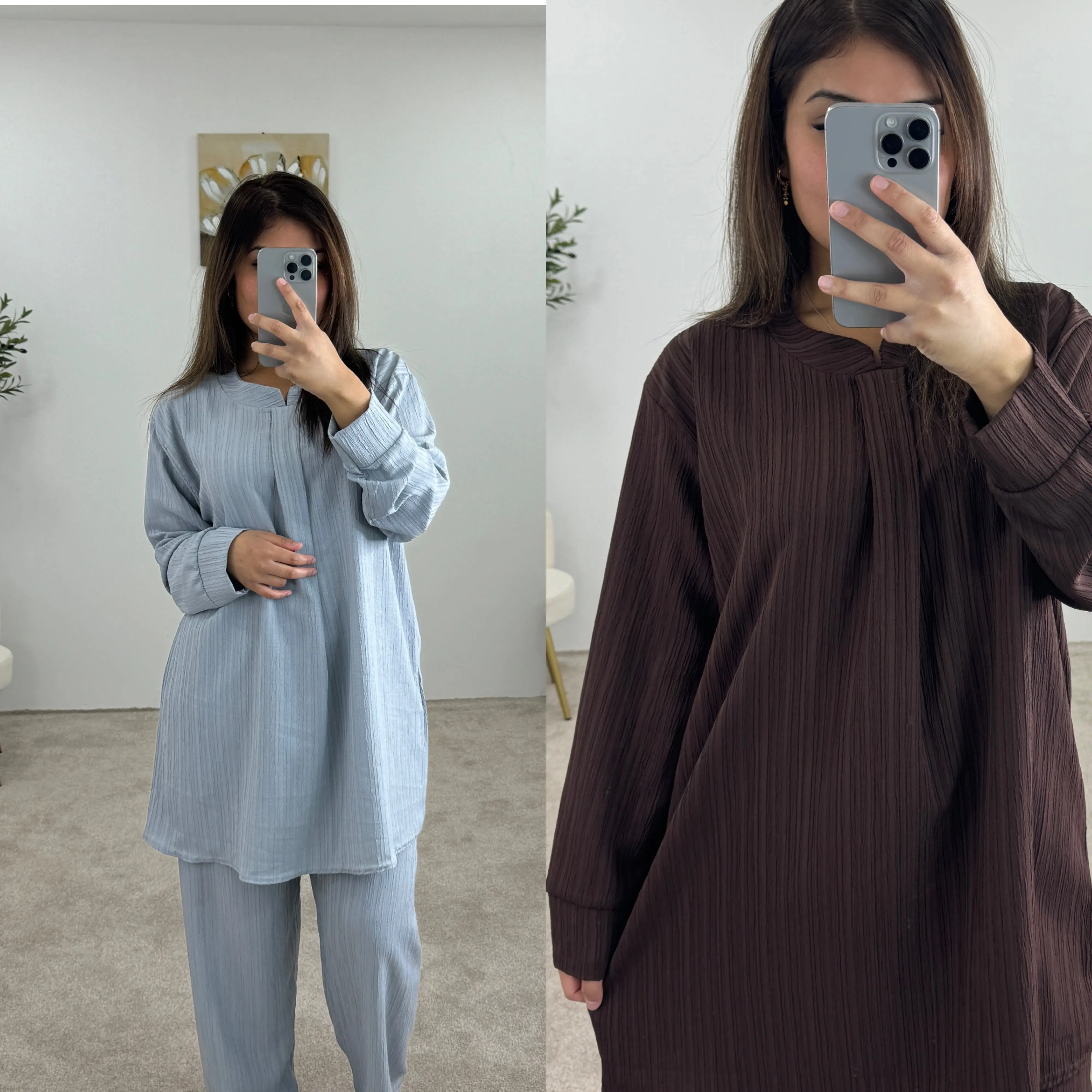 Women's Linen Feel Texture Flat V Collar Two Piece Coord Set With Cuff Sleeves And Wide Leg Trouser UK Size 8-16,Womenswear, Modestwear