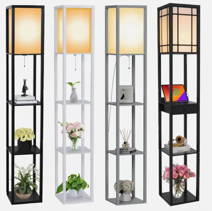 LED Floor Lamp with 4-tier Storage Display Shelf and Wooden Frame for Modern Standing Lounge Light