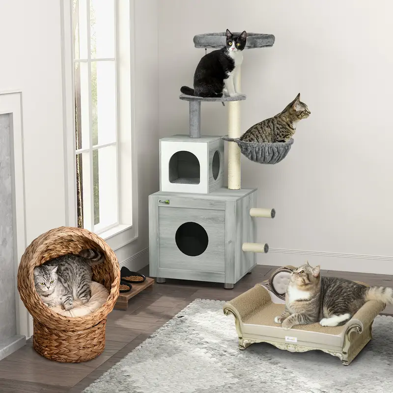 PawHut Enclosed Cat Litter Box with Cat House, Cat Bed, Scratching Posts, Platforms, for Indoor Cats - Grey 8