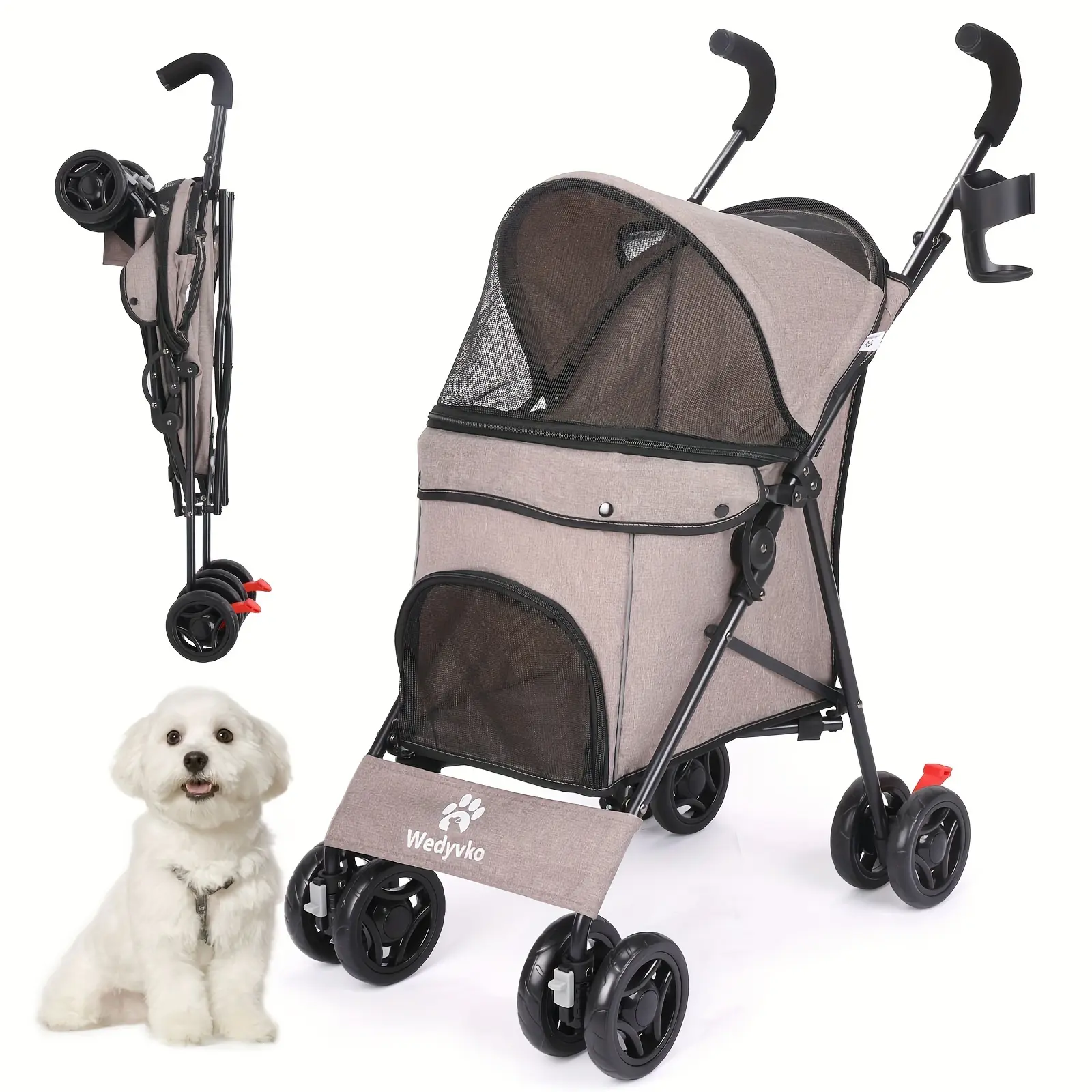 Folding Dog Stroller For Small Medium Dogs Cats Puppies Pet Stroller 4 Lockable Wheels Removable Liner And Storage Basket Cat Stroller Travel Carrier Walker