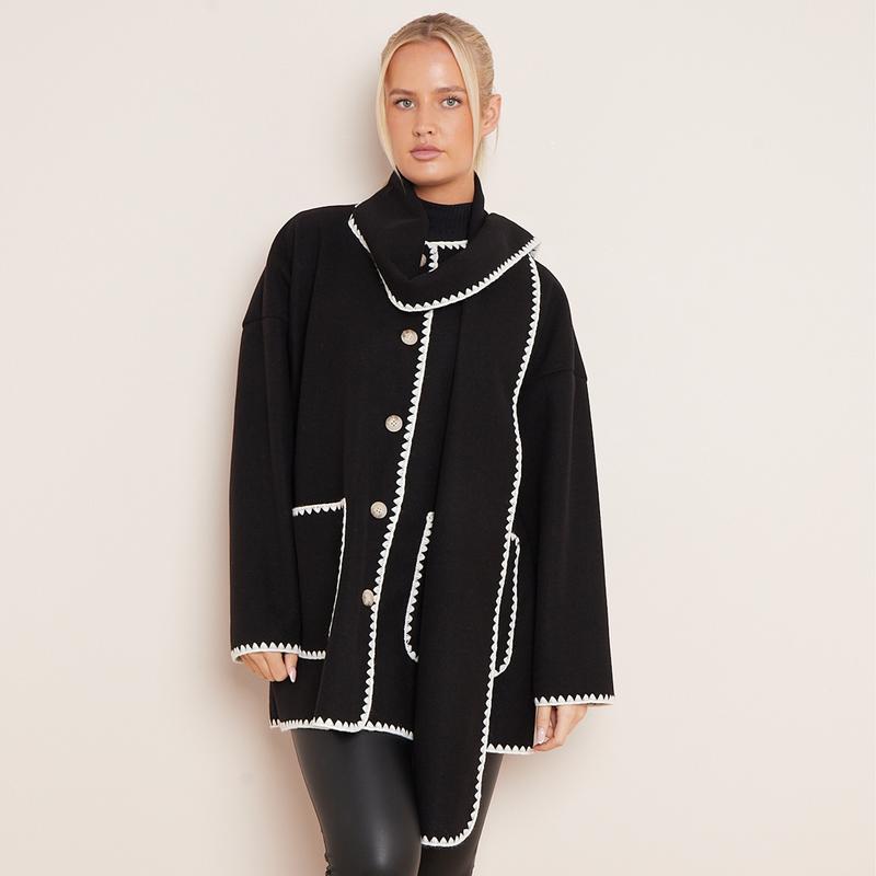 Women's Casual Tori Wool Like Contrast Trim Scollop Stitching Tailored Jacket Scarf Coat One Size UK 8 - 14 5