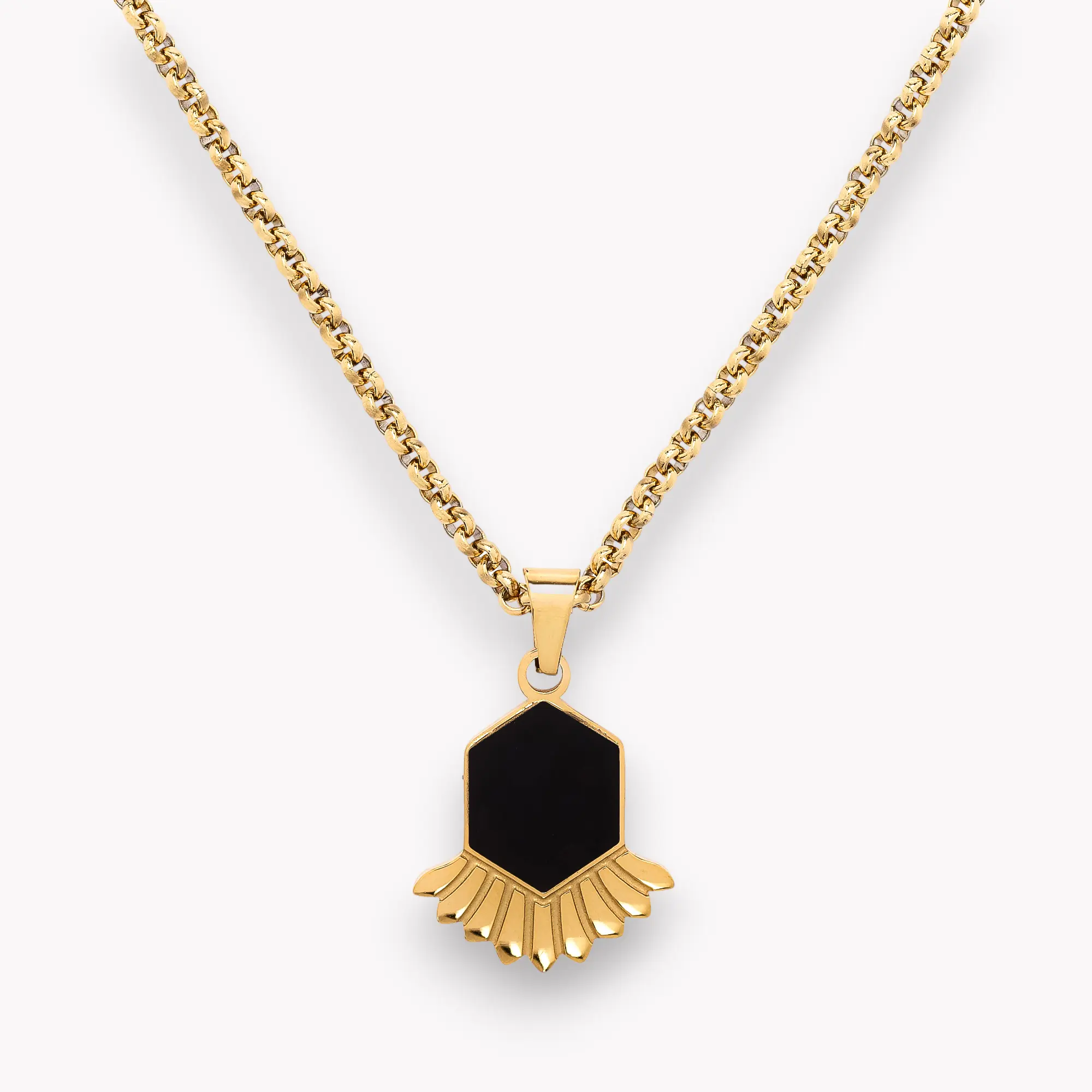Onyx Fan Pendant Necklace - 18K Gold Plated