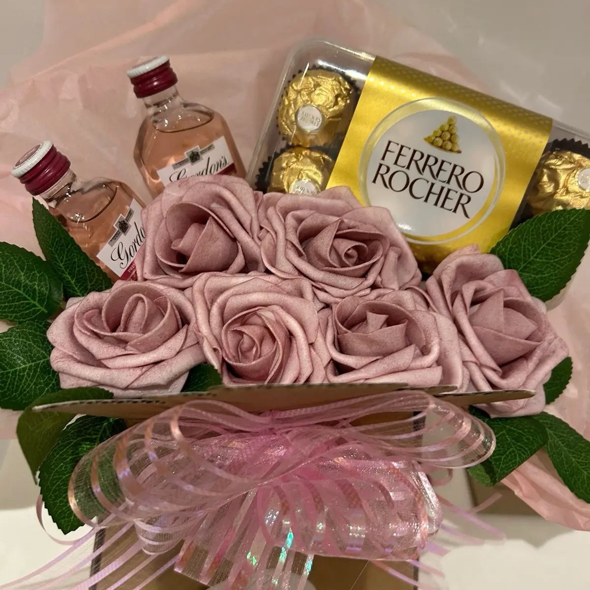 Ferrero rocher, pink gin and pink rose bouquet luxury hampers